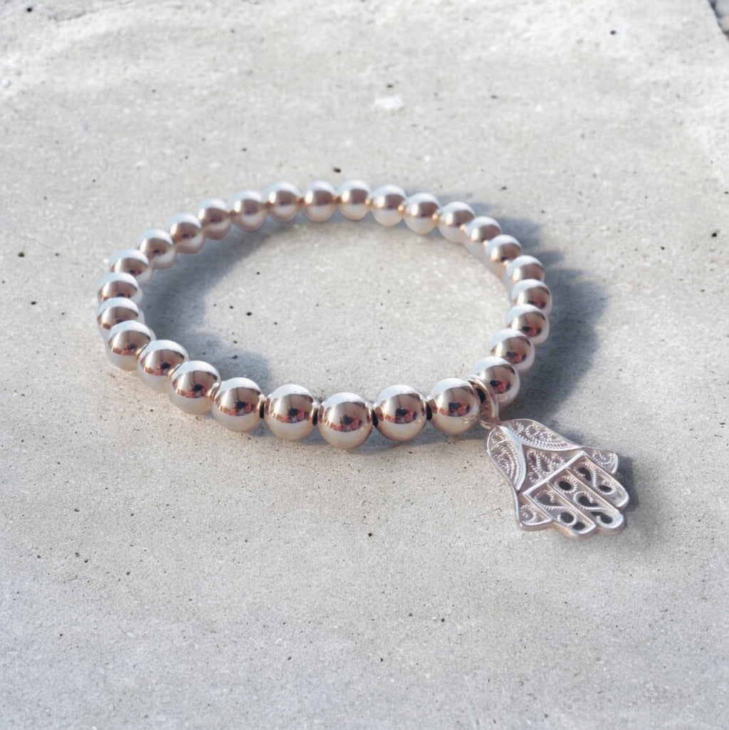 Elastisches 925 Silber Kugel Armband mit "Hand of Fatima" Anhänger
