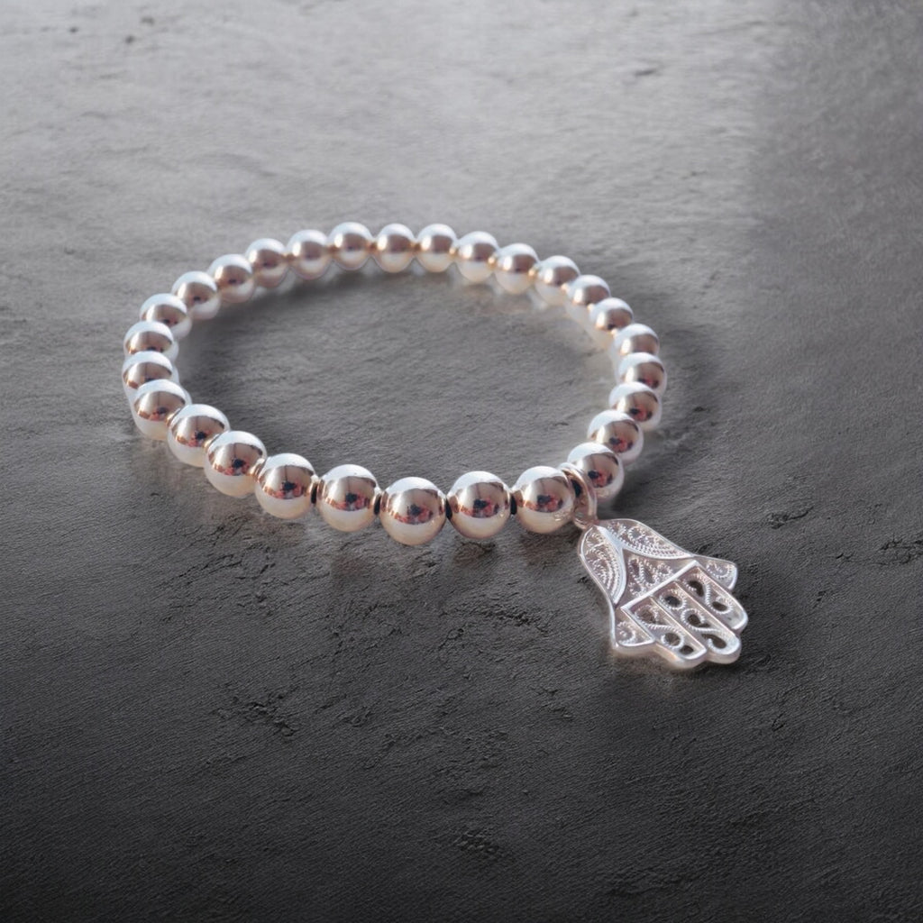 Elastisches 925 Silber Kugel Armband mit "Hand of Fatima" Anhänger